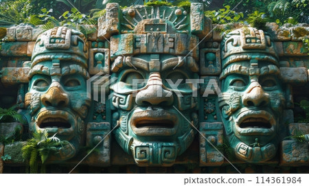 Group of Masks With Trees in Background 114361984