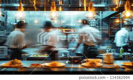 Blurred kitchen restaurant with people working behind glass wall, Chef and sous chef , generated AI 114362094