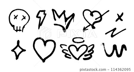 Graffiti drawing icons. Set of spray painted symbols like skull, heart with arrow, crown and lightning. 114362095