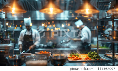 Blurred kitchen restaurant with people working behind glass wall, Chef and sous chef , generated AI 114362097