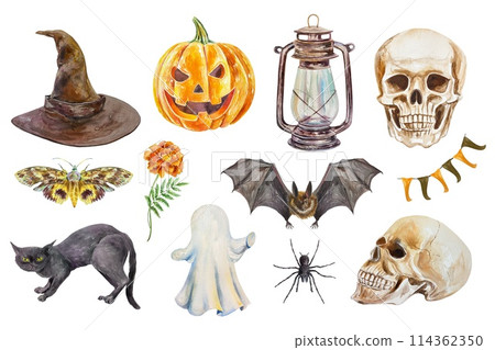 Halloween set. Pumpkin, skull, ghost, witch hat, bat, cat, lamp, spider, moth. Watercolor illustration on white background. Cards, invitations, covers Halloween set. Pumpkin, skull, ghost, witch hat, bat, cat, lamp, spider, moth. Watercolor illustration on white background. Cards, invitations, covers 114362350