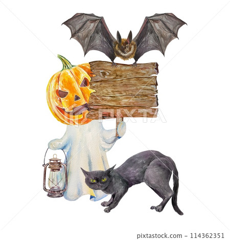 A ghost with a head in the shape of a pumpkin, sign, a bat, a cat. Watercolor illustration on white background for Halloween. Postcards, invitations. 114362351