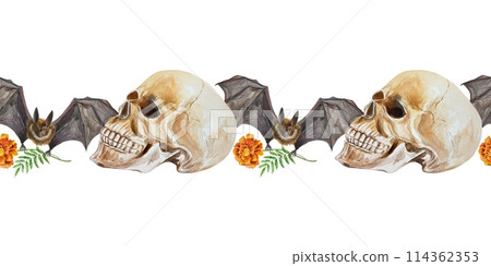 Human skull, bat, marigold flower, seamless border. Watercolor illustration isolated on white background. Posters, ribbons, tape, cards, invitations. 114362353