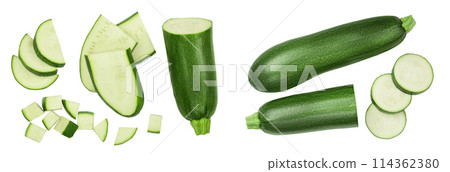 Fresh sliced zucchini isolated on white background with  full depth of field. Top view. Flat lay 114362380