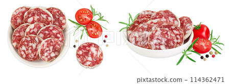 Cured salami sausage in ceramic bowl isolated on white background. Italian cuisine with full depth of field. Top view. Flat lay. Cured salami sausage in ceramic bowl isolated on white background. Italian cuisine with full depth of field. Top view. Flat lay. 114362471
