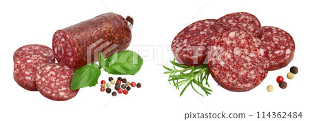 Smoked sausage salami isolated on white background with  full depth of field 114362484
