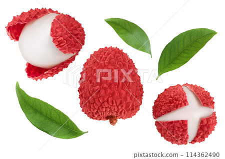 lychee fruit isolated on white background with full depth of field. Top view. Flat lay 114362490