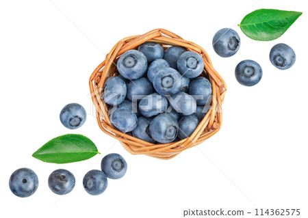 blueberry in wicker basket isolated on white background. Top view. Flat lay. blueberry in wicker basket isolated on white background. Top view. Flat lay. 114362575