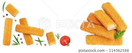Fish finger or stick with parsley isolated on white background. Top view. Flat lay. 114362588