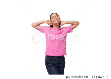 young beautiful model woman with straight black hair dressed in a pink t-shirt happy 114362595