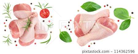 Raw chicken leg or drumstick isolated on white background with full depth of field. Top view. Flat lay 114362596