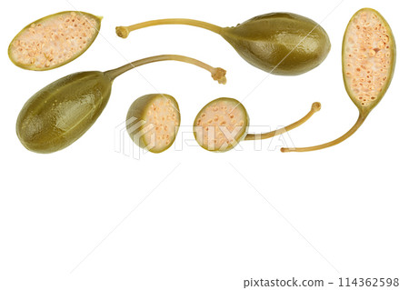 Capers isolated on white background. Pickled or canned capers. Top view with copy space for your text. Flat lay Capers isolated on white background. Pickled or canned capers. Top view with copy space for your text. Flat lay 114362598