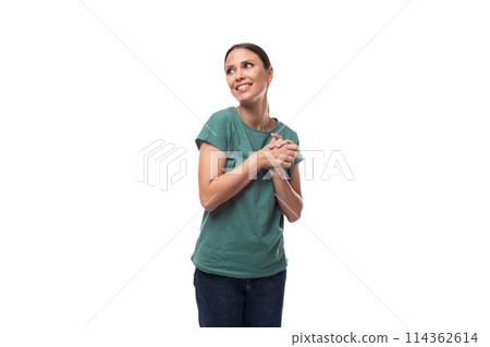 portrait of brunette caucasian woman in casual look isolated on white background with copy space portrait of brunette caucasian woman in casual look isolated on white background with copy space 114362614