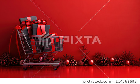 Shopping Cart Filled With Christmas Presents on Red Background 114362692