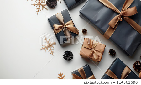 Elegantly Wrapped Black and Gold Ribbon Presents Elegantly Wrapped Black and Gold Ribbon Presents 114362696