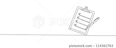 Simple clipboard line illustration with checklist and pen, pencil, to-do list, testing and reporting concepts. Continuous line illustration with editable strokes. Vector illustration Simple clipboard line illustration with checklist and pen, pencil, to-do list, testing and reporting concepts. Continuous line illustration with editable strokes. Vector illustration 114362763