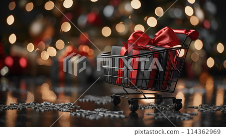 Shopping Cart With Red Bow for Sale Concept 114362969