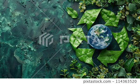 Celebrating Earth Day With a Recycle Symbol and Globe Surrounded by Foliage on a Green Background 114363520