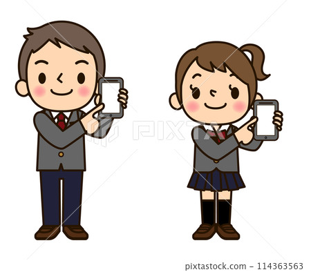 穿著校服的男人和女人拿著智慧型手機 114363563