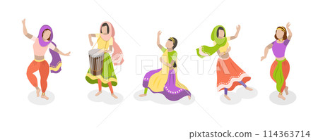 3D Isometric Flat  Set of Traditional Indian Dancers, Bollywood 114363714