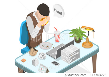 3D Isometric Flat  Conceptual Illustration of Lunch, Busy Employees Meal 114363728