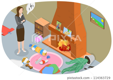 3D Isometric Flat  Conceptual Illustration of Naughty Dog, Domestic Animal or Pet Bad Behavior 114363729
