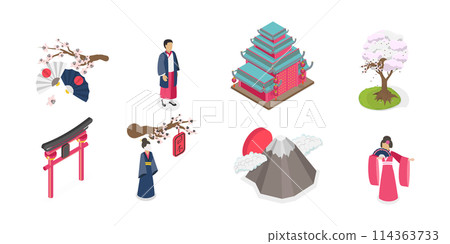 3D Isometric Flat Set of Japan Collection, Ancient Culture Items 3D Isometric Flat Set of Japan Collection, Ancient Culture Items 114363733