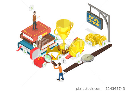 3D Isometric Flat  Conceptual Illustration of Pawnshop Business, Quick Cash Service 114363743