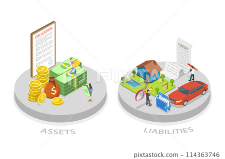 3D Isometric Flat  Conceptual Illustration of Assets And Liabilities, Balance with Debts and Incomes 114363746