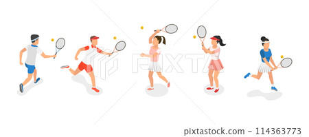 3D Isometric Flat  Set of Tennis Players, Summer Sport 3D Isometric Flat  Set of Tennis Players, Summer Sport 114363773