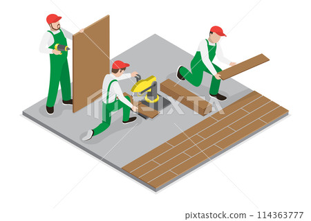 3D Isometric Flat  Conceptual Illustration of Laying Floor Parquet Tile, House Repairing 114363777