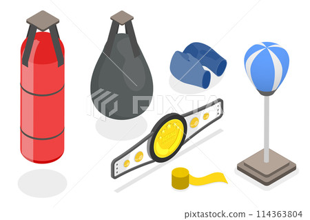 3D Isometric Flat  Set of Boxing Equipment Items, Professional Fighting Sport Accessories 114363804