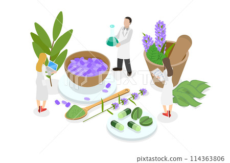 3D Isometric Flat  Conceptual Illustration of Natural Healing, Organic Cosmetics 114363806
