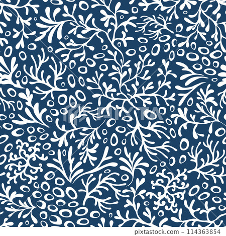 Coral reefs seamless pattern. Underwater plant white on navy blue background. Monochrome vector vector illustration 114363854