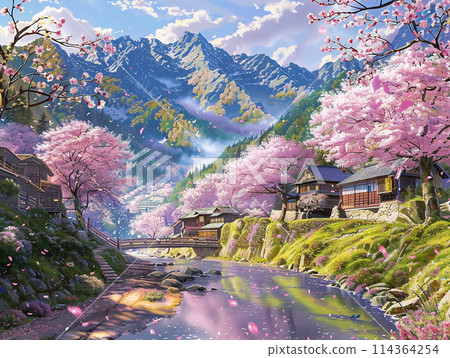 Illustration of cherry blossoms in full bloom along the river Illustration of cherry blossoms in full bloom along the river 114364254