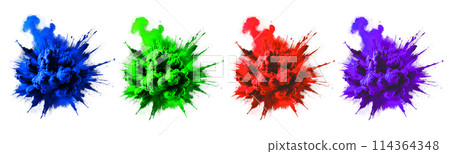 Multi colored powder explosion isolated on white background. Freeze motion of abstract dust texture 114364348