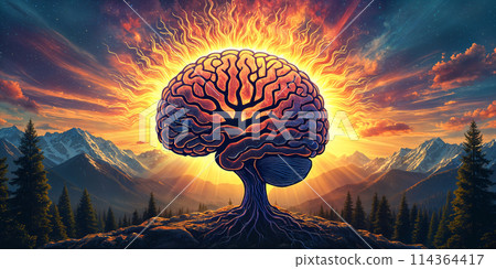 A large brain tree with mountains in the background. 114364417