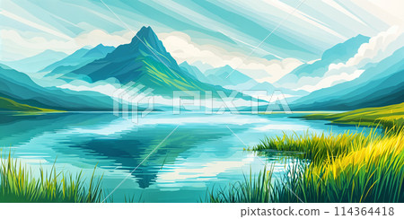 Beautiful landscape with mountains and water. 114364418