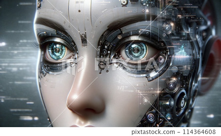 AI robot eyes, face, virtual space image background 114364608