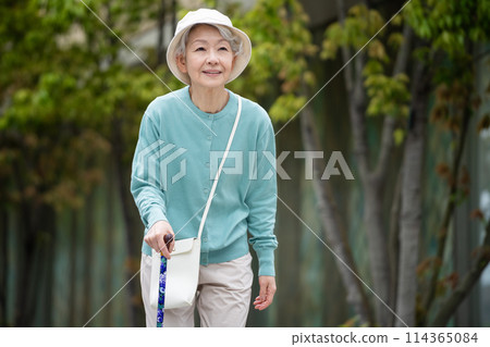 拄著拐杖行走的白髮老婦 114365084