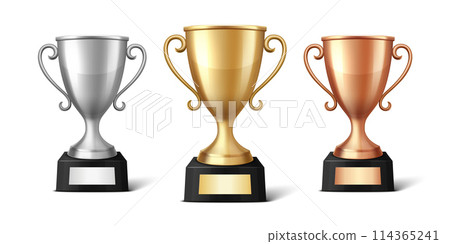 Vector Blank Golden, Silver and Bronze Champion Cup Isolated on White Background. Design Template of Championship Trophy. Sport Tournament Award, Winner Cup and Victory Concept Vector Blank Golden, Silver and Bronze Champion Cup Isolated on White Background. Design Template of Championship Trophy. Sport Tournament Award, Winner Cup and Victory Concept 114365241
