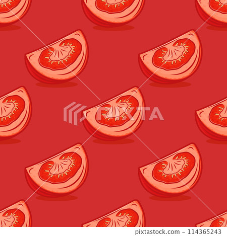 Flat Vector Seamless Pattern with Red Fresh Tomato on Red Background. Seamless Vegetable Print with Cartoon Hand Drawn Tomatoes Flat Vector Seamless Pattern with Red Fresh Tomato on Red Background. Seamless Vegetable Print with Cartoon Hand Drawn Tomatoes 114365243