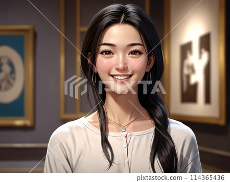 Illustration of a smiling woman looking at an exhibit [AI generated, professional finish] 114365436