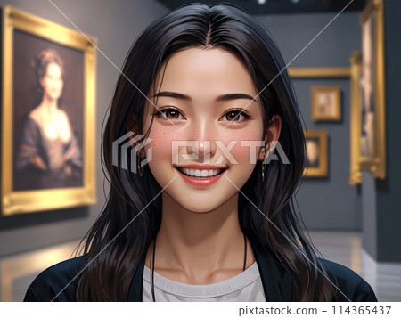 Illustration of a smiling woman looking at an exhibit - 2 [AI generated, professional finish] 114365437