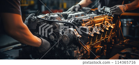 Men Working on a Large Engine in a Garage. AI Generated Image 114365716