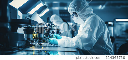 Scientist in Lab Coat and Gloves Working with Machinery in a Laboratory. AI Generated Image 114365738