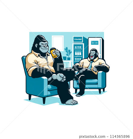 Gorilla taking a coffee break with a colleague at work Gorilla taking a coffee break with a colleague at work 114365896