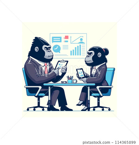 A gorilla discussing a project with a colleague at work A gorilla discussing a project with a colleague at work 114365899