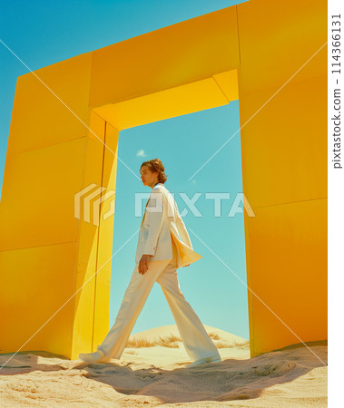 A woman is walking through a yellow archway 114366131