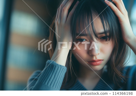 A woman holding a head 114366198